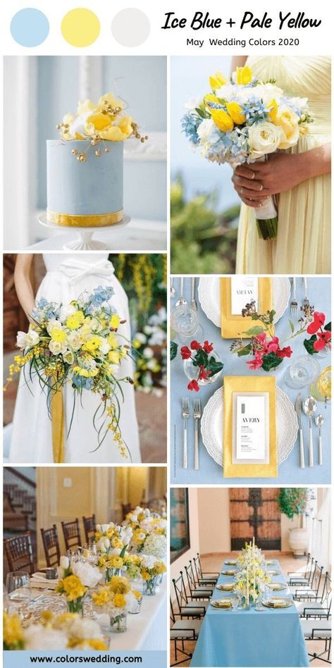 Wedding Themes Sunflower Color Schemes, Lemon Yellow Wedding Theme, Blue And Yellow Spring Wedding, Light Blue And Yellow Bridesmaid Dresses, Wedding Color Schemes Blue And Yellow, Yellow And Blue Wedding Decorations, Wedding Colors For May, Dusty Blue And Yellow Wedding Theme, Yellow And Blue Wedding Theme