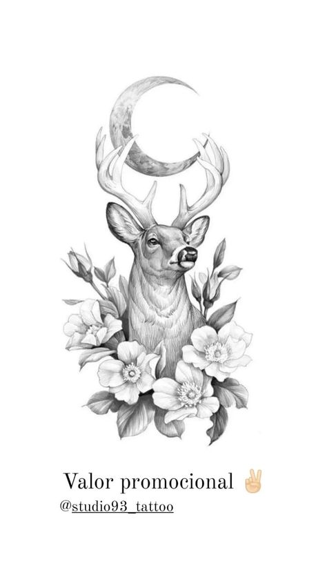 Fineline Deer Tattoo, Deer Tattoo With Flowers, White Stag Tattoo, Deer Drawing Tattoo, Deer With Flowers Tattoo, Deer Back Tattoo, Feminine Deer Tattoo, Elk Tattoo Feminine, Dear Tattoo Design