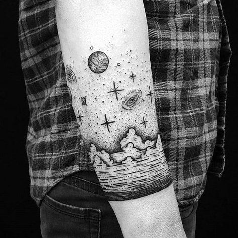 Space Tattoo Sleeve, Gap Filler Tattoo, Celestial Tattoo, Ribcage Tattoo, Tattoo Filler, Theme Tattoo, Arm Band Tattoo, Sternum Tattoo, Space Tattoo