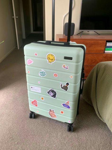 Stickers For Suitcases, Suitcase Stickers Ideas, Luggage Stickers Ideas, Stickers On Suitcase, Suitcases Aesthetic, Suitcase With Stickers, Philippines Summer, Suitcase Aesthetic, Yellow Suitcase