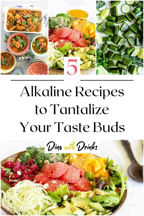 Collage of 4 alkaline recipes. Alkaline Diet Smoothie Recipes, High Alkaline Diet Recipes, Alkaline Meal Plan 21 Days, Alkaline Diet Recipes Meals, Foods High In Alkaline, Alkaline Smoothie Recipes, High Alkaline Diet, Alkaline Smoothie, Alkalizing Foods