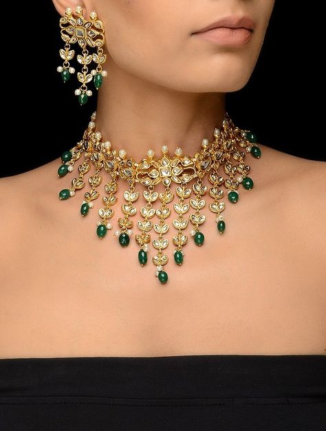 Buy Golden White Green Red Kundan inspired Gold Tone Necklace with a Pair of Earrings (Set 2) Beads Metal Alloy Pearls Fashion Jewelry Necklaces/Pendants Shimmering Statements to sparkle at your best friend's sangeet sunlit mehendis and winter weddings Online at Jaypore.com Pearls Fashion, Dainty Diamond Necklace, Bridal Fashion Jewelry, Indian Jewelry Sets, Bridal Gold Jewellery, Gold Tone Necklace, Traditional Jewelry, Gold Jewelry Fashion, Fashion Jewelry Necklaces