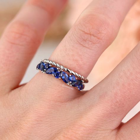 Blue Gemstone Engagement Rings, Marquise Band, Ceylon Blue Sapphire, Sapphire Wedding Band, September Birthstone Jewelry, Mohs Scale, Stacking Ring Set, Sapphire Wedding, Twisted Band