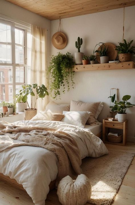 Glass terrariums hanging from the wall provide a chic and elegant vibe. You can use wall hooks or install a series of metal rods to hold the glass containers. Fake Bedroom Plants, Clean Plant Bedroom Aesthetic, Cute Bedroom Plants, Aesthetic Fake Plants Bedroom, Bedroom Fake Plants, White Plant Bedroom, Peaceful Bedroom Aesthetic, Hanging Plants Bedroom, Aussie Bedroom