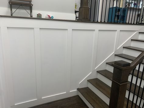 Farmhouse Board and Batten Board And Batten Stairwell, Raised Ranch Entryway, Farmhouse Board And Batten, Hallway Stairs And Landing, Entry Remodel, Basement Stairway, Split Entry Remodel, Stairway Ideas, Split Level Entryway