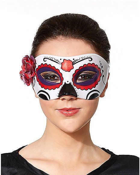 Side Flower Day of the Dead Mask - Spirithalloween.com Skull Makeup Simple, Easy Sugar Skull Makeup, Makeup For Kids, Catrina Makeup, Day Of The Dead Mask, Masquerade Ball Masks, Sugar Skull Cat, Mascaras Halloween, Makeup Simple