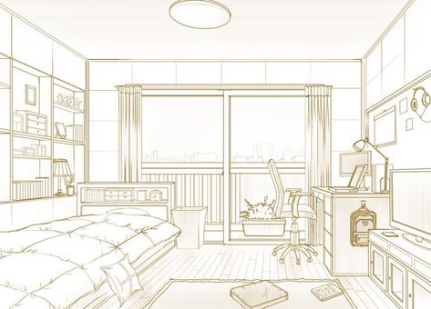 How To Draw A Room In Perspective, Bedroom Base Drawing, Corner Of A Room Drawing, One Point Perspective Room Bedrooms, Bedroom Perspective Drawing, 3d Room Drawing, Bedroom Ideas Drawing, Bedroom Drawing Ideas, Room Drawing Reference