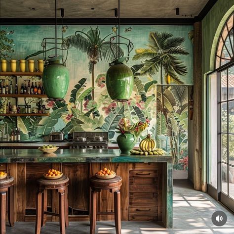 Bali Restaurant Interior, Art Deco Tropical Interior, Carribean House, Modern Restaurant Design, Tropical Living, British Colonial Style, Tropical House, Sitges, Boho Kitchen