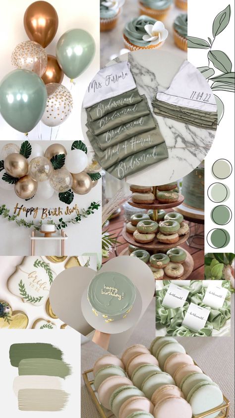 Bridal Shower Themes Eucalyptus, Green Gold And White Bridal Shower Ideas, Sage And Gold Bridal Shower Ideas, Green Theme Bridal Shower Ideas, Sage Green Tea Party, Bachelorette Party Ideas Green, Olive Green Bridal Shower Ideas, Botanical Party Theme, Bridal Shower Ideas Green