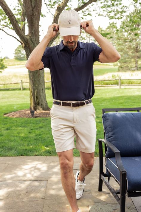 Stand out on the golf course with our Men's Khaki Performance Short. Featuring a classic khaki color with stylish pink and navy trim, these golf shorts are perfect for a cool and comfortable look. Designed for optimal performance, our shorts will keep you swinging in style all day long. Polo Khaki Outfit Men, Shorts And Polo Outfit For Men, Country Club Aesthetic Men, Country Club Men, F1 Race Day Outfits, Men’s Athletic Fashion Outfits, Polo And Shorts Outfit Men, Men Tennis Outfit, Country Club Outfit Men