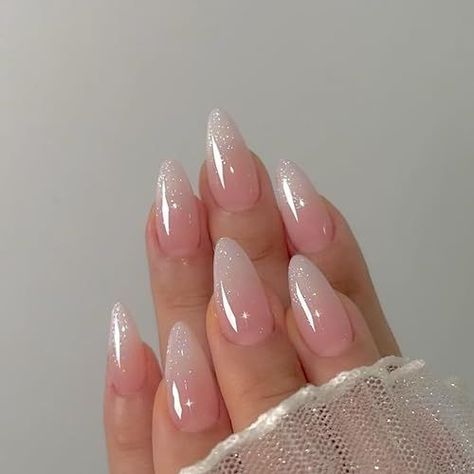 Ombre Nail Almond Shape, Ombré French Tip Glitter, Ombre French Tip Nails Almond, Pastel Color Ideas, French Ombre Nails Glitter, Pink To White Ombre Nails, Ombré Almond Nails, Almond Nails With Glitter, Pink Gradient Nails