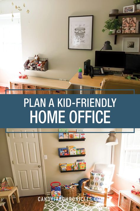 Office With Play Area, Home Office And Playroom Ideas, Playroom / Office Ideas, Basement Playroom Office Combo, Playroom With Office Space, Shared Playroom And Office, Shared Office Playroom, Home Office With Play Area, Office Kids Play Area