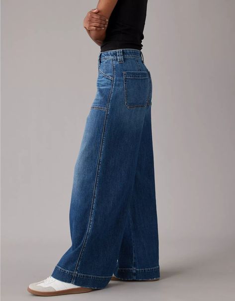 AE Dreamy Drape Stretch Super High-Waisted Baggy Ultra Wide-Leg Jean | American Eagle Outfitters (US & CA) Styling Wide Leg Jeans, Thrift Manifest, Jeans Palazzo, Super High Waisted Jeans, College Clothes, Goulash Recipes, Jeans Outfit Fall, Aesthetic Fits, Ultra Wide