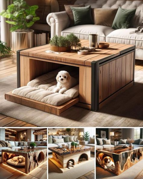 Home Decor Ideas Bed With Built In Dog Bed, Dogs Apartment Living, Dog Bed Coffee Table, Dog Space Ideas, Pet Room Ideas Dogs, Dog Coffee Table, Coffee Table Dog Bed, Dog Spaces In House, Dog Apartment Living