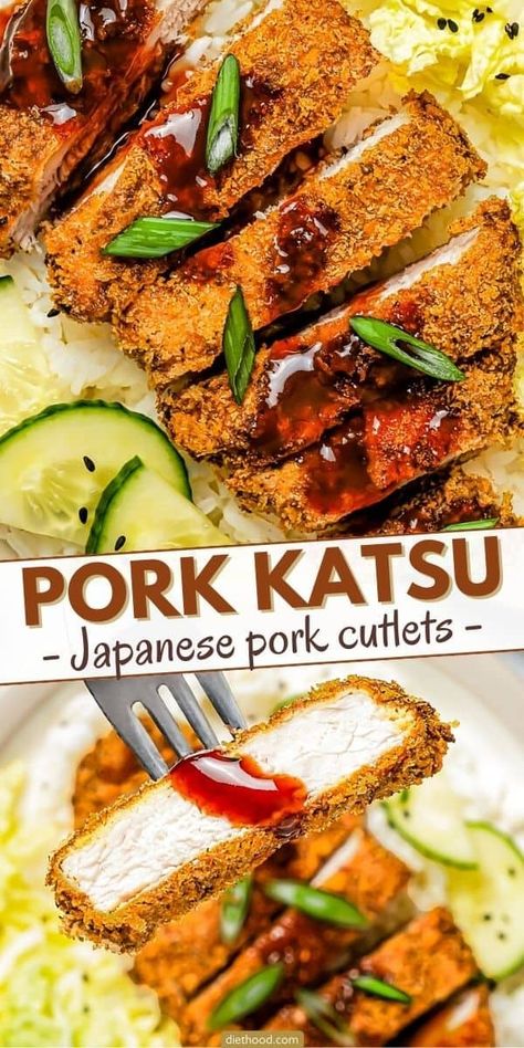 Pork Katsu is a delicious Japanese classic! Coated in golden panko breadcrumbs and fried to perfection, these juicy pork cutlets are a comforting dish that's easy to make at home. Pair with a zesty homemade tonkatsu sauce and a side of fluffy steamed rice for a mouthwatering meal that's guaranteed to impress. Japanese Tonkatsu Recipe, Pork Katsu Recipe, Fried Pork Cutlets, Tonkatsu Recipe, Katsu Sauce, Pork Katsu, Pork Cutlet Recipes, Katsu Recipes, Pork Cutlet