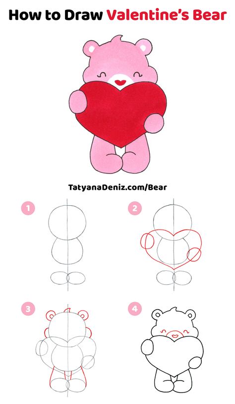 Valentin Drawings, Valentine Drawing Ideas Easy, Drawing Ideas Easy Valentines Day, Valentines Bear Drawing, Be My Valentine Drawings, Easy Valentines Day Painting, Cute Valentines Day Drawings Easy, Valintens Drawing, How To Draw Valentines