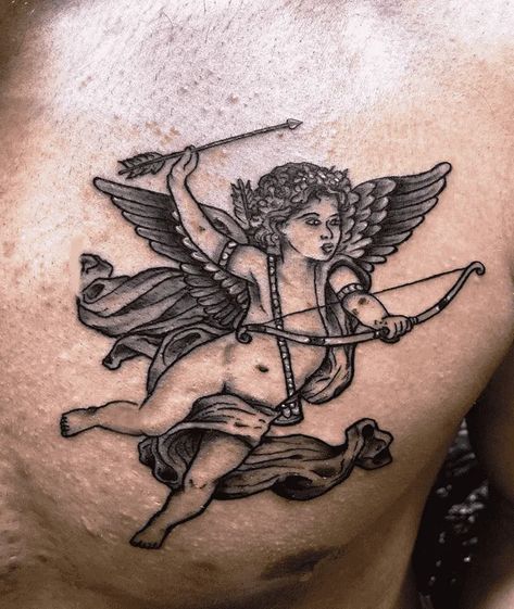 Tattoo Ideas Angel, Angel Tattoo Ideas, Cherub Tattoo Designs, Angle Tattoo, Traditional Heart Tattoos, Cupid Tattoo, Traditional Black Tattoo, Traditional Tattoo Inspiration, Traditional Tattoo Flowers