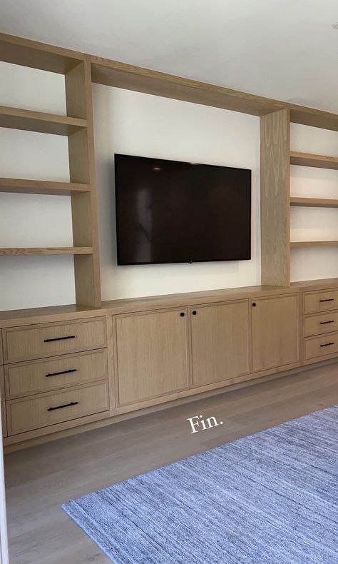 White Oak Built In Tv Cabinet, Media Console Built In, Natural Wood Entertainment Center, Wood Entertainment Wall, Light Wood Entertainment Center, Natural Wood Built Ins Living Room, White Oak Built In, Built In Media Console, Entertainment Center Built In