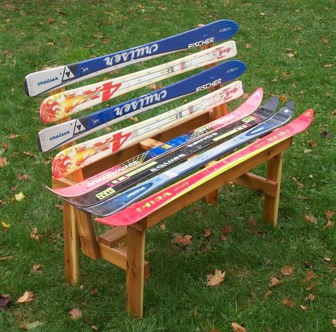 Recycled Ski Bench by maineskichairs on Etsy, $200.00 - unique gift for the avid skier! Old Skis Ideas, Ski Bench, Colorful Bench, Pickleball Tips, Décor Ski, Ski Chair, Old Skis, Ski Condo, Ski Lodge Decor