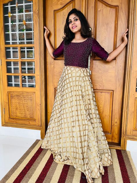 Skirt and crop top Long Skirt And Top For Onam, Midi And Top Kerala, Tops For Skirts Indian Casual, Golden Skirt And Top, Golden Skirt Outfit Indian, Skirt And Crop Top Indian Weddings, Top And Skirt Outfit Party, Crop Top Designs For Long Skirt, Set Skirt And Top Kerala