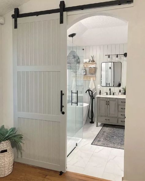 Fluted Barn Door | Hometalk Ways To Decorate Your Room, Bathroom Door Ideas, Barn Door Bathroom, Mdf Trim, Country Bathroom Designs, Raspberry Cottage, Lavatory Design, Master Bath Redo, Barn Door Ideas