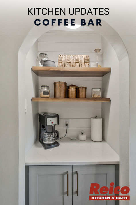 Transform your space into a charming coffee bar with these inspiring design ideas! From rustic wooden shelves to sleek espresso machines, discover ways to create your own cozy corner for brewing your favorite blends at home. #CoffeeBar #HomeDecor #DIY Turn Closet Into Coffee Bar, Converting Closet To Coffee Bar, Home Coffee Bar Station Custome Made, Nespresso Coffee Bar Ideas, Modern Farmhouse Coffee Bar Mini Refrigerator, Small Sitting Room Ideas, Coffee Bar Woth Floating Shelves, Converted Closet, Coffee Counter