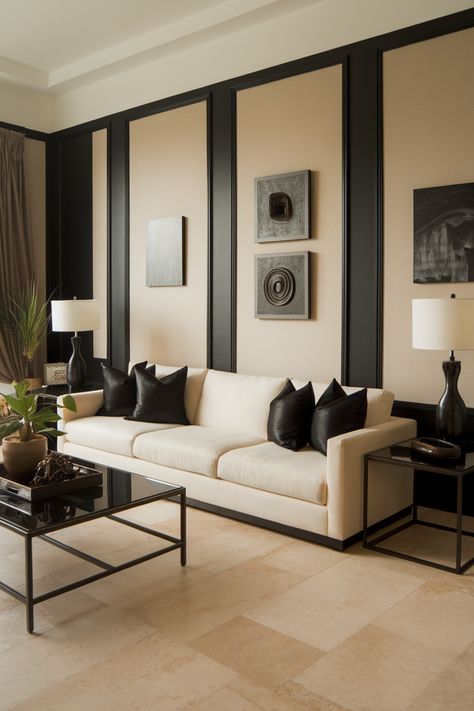 Masculine And Feminine Living Room, Room With Black Accent Wall, Beige And Black Living Room, Beige Living Room Ideas, Black Fireplace Surround, Beige Ottoman, Feminine Living Room, Beige Living Room, Beige Armchair