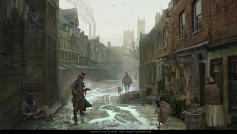 Victorian Slums , Hugo Puzzuoli on ArtStation at https://www.artstation.com/artwork/AoAbV Victorian Slums, Hill Aesthetic, Steampunk City, Fantasy Town, Victorian London, She Wolf, Dark City, Fantasy City, Silent Hill