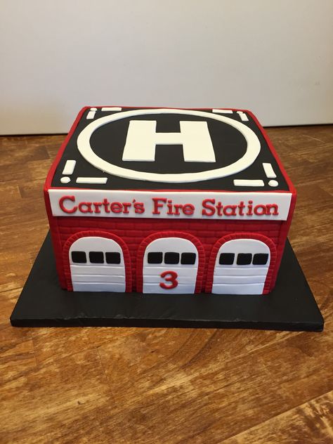 Fire station birthday cake Fire Station Birthday Cake, First Responders Birthday Cake, Fire Station Cake, Fireman Birthday Cake, Firetruck Birthday Cake, Fire Truck Birthday Cake, Fire Truck Birthday Party Ideas, Birthday Party Ideas Food, Firefighter Birthday Cakes