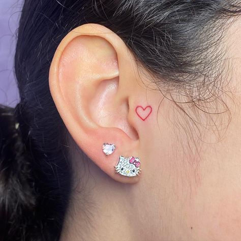 All Posts • Instagram Heart In Ear Tattoo, Heart On Ear Tattoo, Heart Tattoo By Ear, Tattoo Ideas Female Ear Back, Small Inner Ear Tattoo, Ear Tattoo Inner Heart, Red Behind The Ear Tattoo, Lip Tattoo On Neck, Heart Ear Tattoo