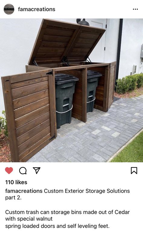 Side Yard Garbage Can Storage, Trash Can Storage Outdoor Ideas, Hidden Garbage Cans Outdoor, Garbage Enclosure, Outdoor Garbage Storage, Trash Can Storage Outdoor, Outdoor Furniture Ideas Backyards, Garbage Can Storage, Garbage Shed