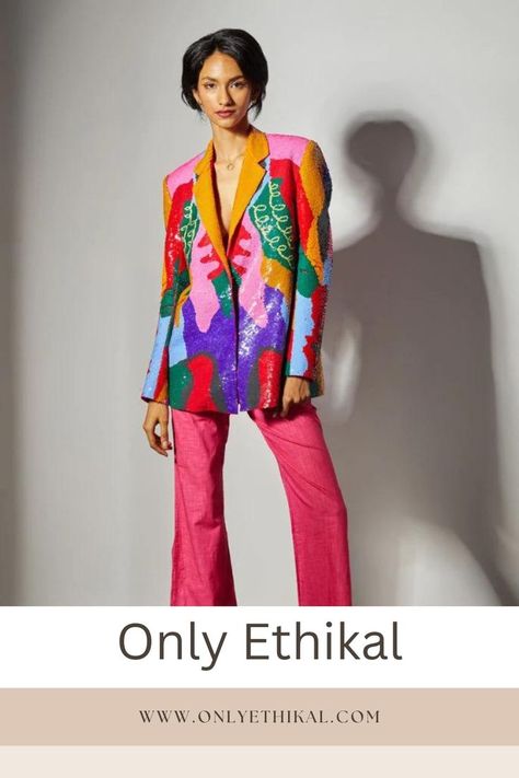 sustainable fashion dubai Colorful Wedding Suit Women, Blazer Design, Thought Clothing, Embroidered Blazer, Set Saree, Sequin Blazer, Blazer Designs, Indian Fashion Designers, Night Out Outfit