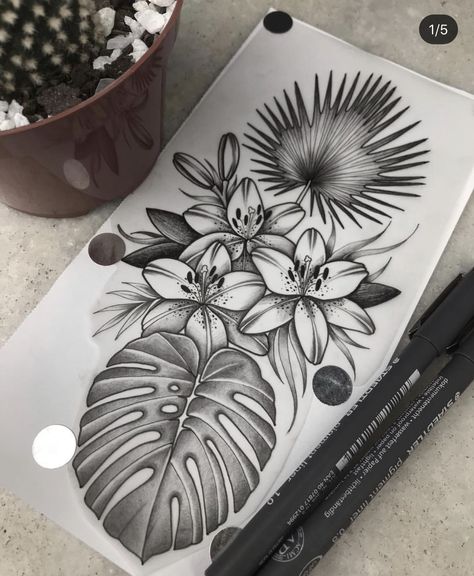 Tropisches Tattoo, Tropical Flower Tattoos, Tropical Tattoo, Catrina Tattoo, Hibiscus Tattoo, Floral Tattoo Sleeve, Plant Tattoo, Tattoo Cover-up, Sleeve Tattoos For Women