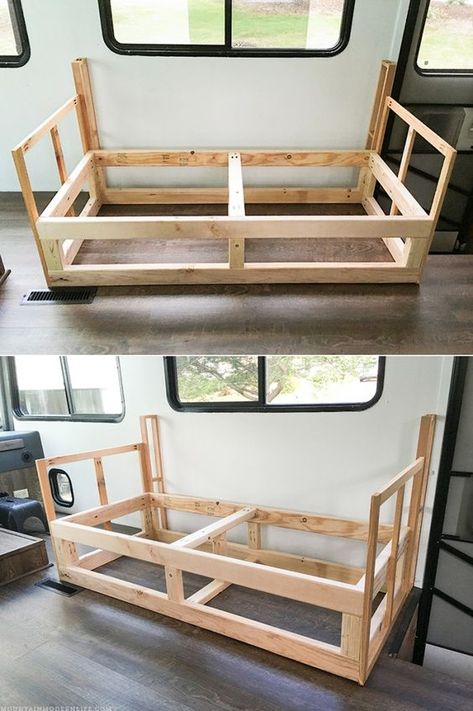 Looking to build a custom seating inside your RV or camper? Come see how we created a custom RV sofa with additional storage space! MountainModernLife.com Cool Camper Ideas, Custom Rv Interior, Camper Sleeping Ideas, Rv Daybed, Rv Cushions, Rv Sofa Bed, Rv Diy, Motorhome Living, Camper Renovations