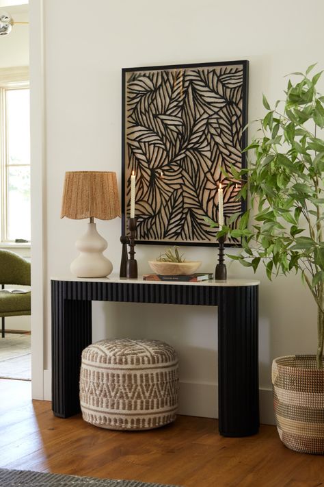 A refined statement piece, the Corey Onyx Wood Marble Top Fluted Console Table contrasts a fluted wood base in a dark onyx finish with a genuine white marble top. Pulling art deco-inspired design into the modern era, this elegant two-tone table is a bold addition to any room, hallway, or entry. #WorldMarket #LucianoLiving #EntrywayDecor #MoodyDecor #FlutedTable #EntryTable #ConsoleTable Fluted Console Table, Fluted Console, Art Deco Entryway, Shadow Box Wall Art, Leaf Shadow, Unique Console Table, Art Deco Console, Shadow Box Wall, Entry Console Table