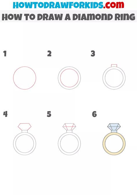 How to Draw a Diamond Ring - Easy Drawing Tutorial For Kids How To Draw A Ring Step By Step, How To Draw Jewelry, How To Draw A Ring, How To Draw A Diamond Ring, Gold Ring Drawing Tutorial, Diamond Tutorial Drawing, How To Draw A Diamond Step By Step, Diamond Ring Drawing, Beginner Sketches