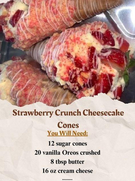 STRAWBERRY CRUNCH CHEESECAKE CONES... - Grandma's Recipes Crunch Cone, Strawberry Crunch Cheesecake Cones, Vanilla Oreos, Cheesecake Cones, Strawberry Crunch Cheesecake, Waffle Cone Recipe, Crunch Cheesecake, Vanilla Oreo, Dessert Taco