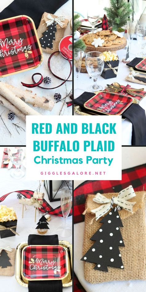 Holiday Table Setting. With Text Reading: How to Host a Red and Black Buffalo Plaid Holiday Dinner Party. Buffalo Plaid Centerpiece Ideas, Flannel Party Theme, Flannel Christmas Party Theme, Plaid Party Decorations, Checkered Party, Diy Christmas Activities, Flannel Party, Cozy Winter Aesthetic, Kid Friendly Party