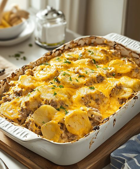 Delicious cheesy hamburger potato casserole recipe, perfect for family dinners. Quick to prep, loaded with flavors, and baked to perfection. Italian Hamburger Casserole Recipes, Hamburger Oven Recipes, Baked Potato With Ground Beef, Hamburger Potatoes Casserole, Hamburger And Potato Recipes, Potato Ground Beef Casserole, Ground Beef And Potato Recipes, Hamburger And Potato Casserole, Hamburger Casserole Recipes