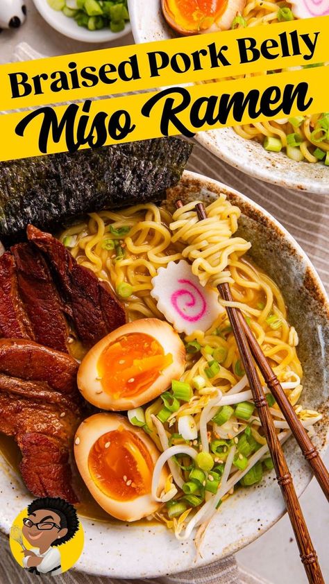 This Braised Pork Belly Miso Ramen is a thing of delicious wonder, friends. We’ll start with slices of pork belly seared and then braised until extra tender. Then we move onto an easy broth situation that comes together quickly with tons of umami-filled flavor. Bring it all together and top it with ramen favorites like soft-boiled eggs, bean sprouts, scallions, a fish cake, and nori. It’s the best homemade ramen! Ready Recipes, Ramen Ingredients, Soy Sauce Eggs, Ramen Toppings, Pork Belly Slices, Ramen Broth, Miso Ramen, Homemade Ramen, Braised Pork Belly