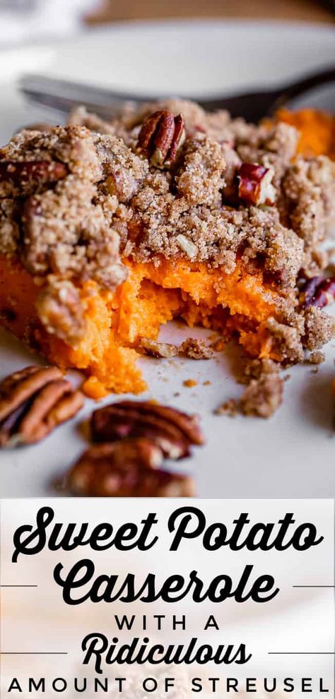 Sweet Potato Casserole with a Ridiculous Amount of Streusel from The Food Charlatan. This Sweet Potato Casserole with pecan topping made a convert out of me! I used to hate baked sweet potato casserole, but that was before I tried my favorite trick: Adding a ridiculous amount of streusel. Works every time. This recipe is easy to make, has plenty of pecan topping to go around, and can be made ahead of time! #easy #recipe #sweetpotato #RuthChris #withpecans #streusel #Best #thanksgiving #... Sweet Potato Casserole With Pecans, Healthy Sweet Potato Casserole, The Best Sweet Potato Casserole, Yam Casserole, Baked Sweet Potato Casserole, Casserole Thanksgiving, Sweet Potato Casserole Healthy, Best Sweet Potato Casserole, Best Sweet Potato