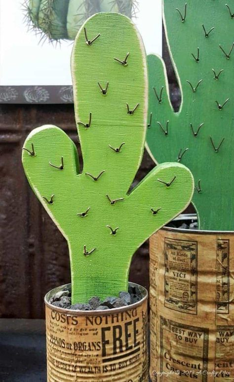 The little baby brother wooden cactus. #BrownThumb #WoodenCacti #DIYTutorial #ACraftyMix #tincanrepurpose Wooden Cactus, Jigsaw Projects, Cactus Craft, Cactus Diy, Green Craft, Deco Nature, Cactus Decor, Tin Cans, Cactus Art