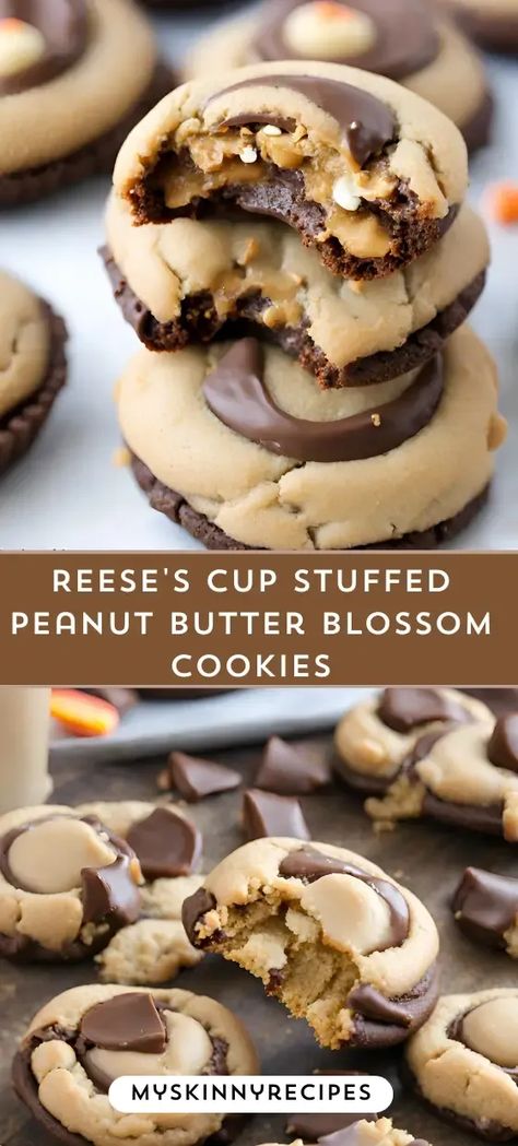 Experience the ultimate peanut butter-chocolate combo with Reese's Cup Stuffed Peanut Butter Blossom Cookies! 🍪🍫 Creamy peanut butter cookies meet mini Reese's Cups for a decadent treat. Perfect for satisfying sweet cravings! #reesesstuffedcookies #peanutbutterblossoms #bakinginspiration #myskinnyrecipes Reeses Stuffed Cookie, Peanut Brownie Cookies, Peanut Butter Cup Stuffed Cookies, Reese’s Peanut Butter Recipes, Chocolate Covered Peanut Butter Cookies, Christmas Cookies With Reese Cups, Sweets Without Butter, Peanut Butter Cookie Cups Reeses, Peanut Butter Cookies Reeses Cups