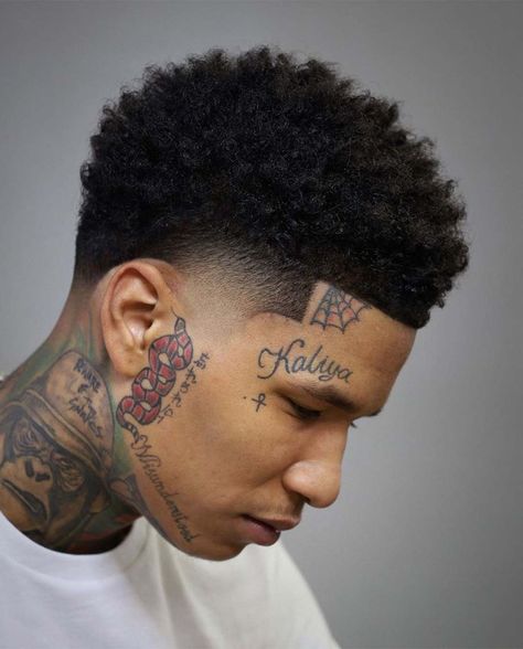 Blowout Fade, Taper Fade Afro, Curly Taper Fade, Blowout Haircut, Face Tats, Haircut Inspo, Sleek Hair, Tapered Hair, Taper Fade Haircut