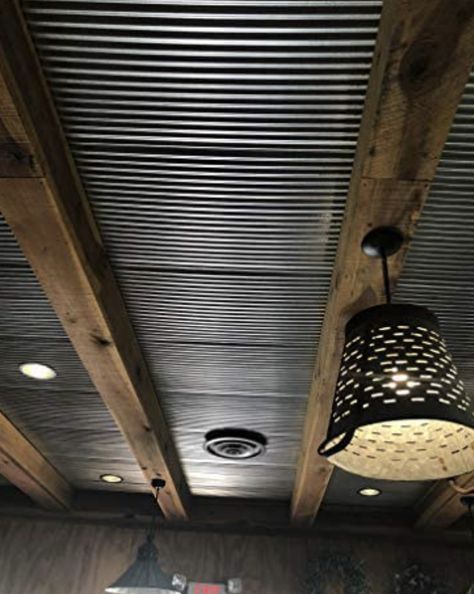 Corrugated Metal Wall Laundry Room, Shiplap And Tin Wall, Corrugated Metal Ceiling Bedroom, Corrugated Steel Ceiling Ideas, Corrugated Tin Ceiling Kitchen, Corrugated Metal Ceiling Basement, Galvanized Tin Ceiling, Galvanized Tin Walls, Tin Interior