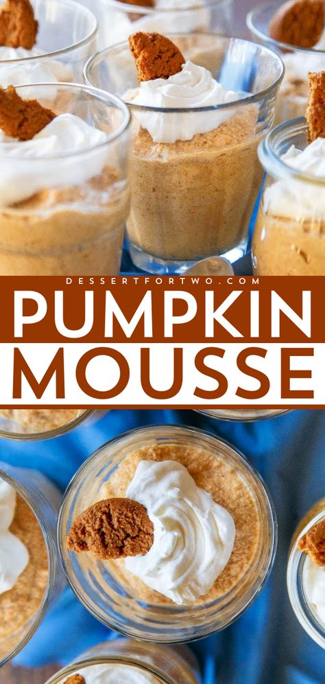 A pumpkin recipe for your Thanksgiving dinner party menu! It features fluffy homemade mousse. Made with white chocolate and gingersnaps, these pumpkin mousse cups are a simple Thanksgiving dessert no one will be able to resist! Pumpkin Mousse Cups, Homemade Mousse, Homemade Thanksgiving Desserts, Thanksgiving Pumpkin Recipes, Easy Thanksgiving Dessert, Easy Impressive Dessert, Pumpkin Recipes Dinner, Easy Pumpkin Dessert, Mousse Cups