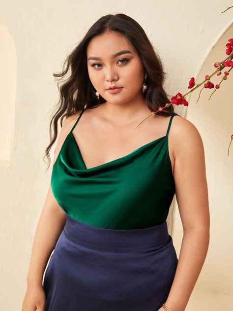 SHEIN Plus Cowl Neck Solid Satin Cami Top | SHEIN USA Satin Cami Top, Top Satin, Summer Plus Size, Satin Cami, Cowl Neck Top, Plus Size Tank Tops, Outfit Combinations, Tank Top Cami, Cami Top