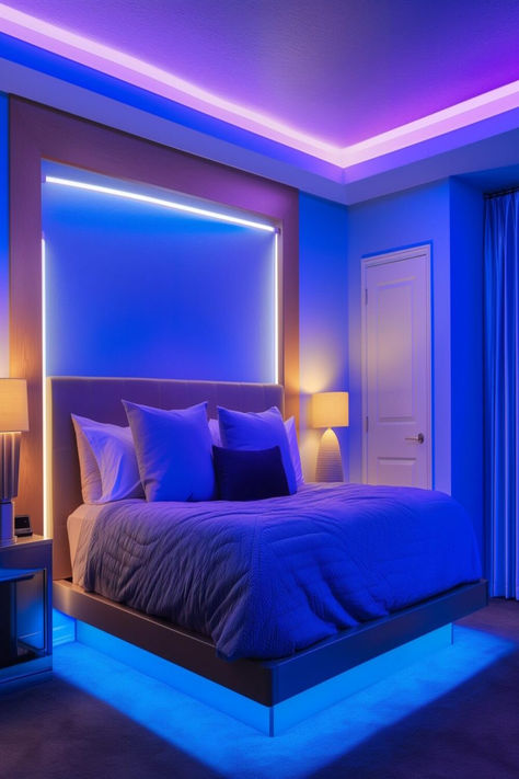 Couple's bedroom with a romantic LED lighting glow, adding warmth and intimacy to the space. Bedroom Ideas With Led Lights, Romantic Bedroom Lighting Ideas, Ideas With Led Lights, Wall With Led Lights, Bedroom For Couples, Romantic Bedroom Lighting, Enchanting Bedroom, Vibrant Bedroom, Dreamy Bedroom Ideas