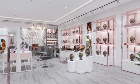 Wig Studio Ideas, Wig Store Interior Design, Wig Studio Decor, Wig Display Ideas Wall, Wig Shop Interior Design, Wig Shop Design Ideas, Makeup Shop Design Interior, Salon Products Display, Architecture Cake