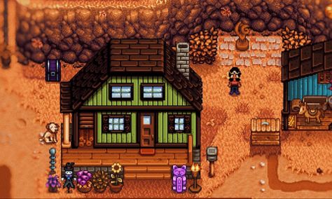 stardew valley house painted green with a black farmer Grandpa Shrine Stardew, Stardew Valley Painted Buildings, Stardew Furnace Shed, Stardew Grandpa Shrine, Stardew Movie Theater, Stardew Valley, House Painting, Farmhouse, House Styles